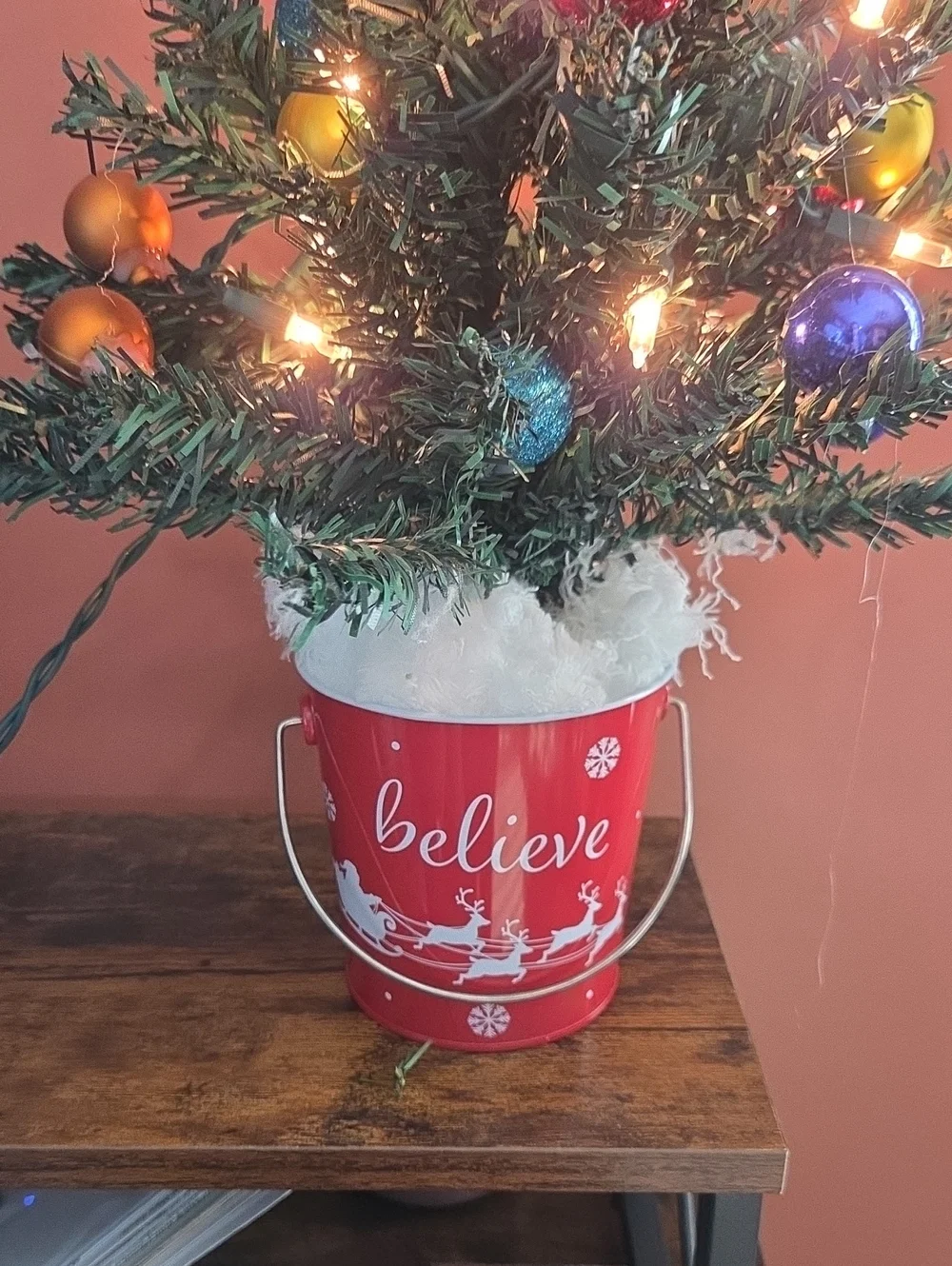 Festive 'Believe' Mini Christmas Tree - Green with Red Bucket